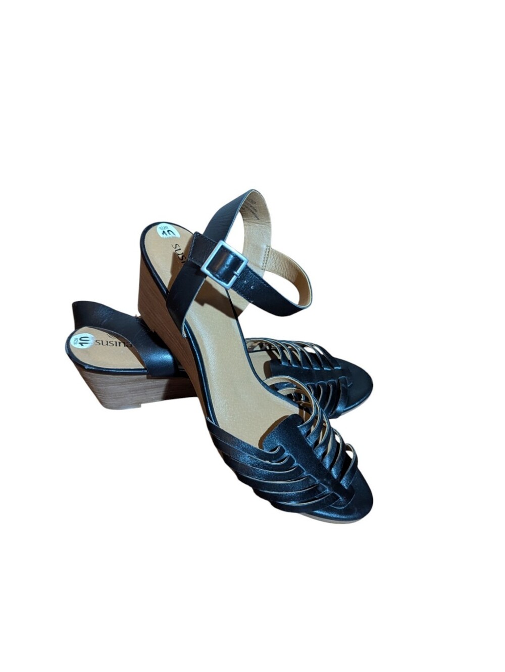 Susina Black Strappy Woven Open Toe Ankle Strap Wedge Heel Sandals EUC Sz 10